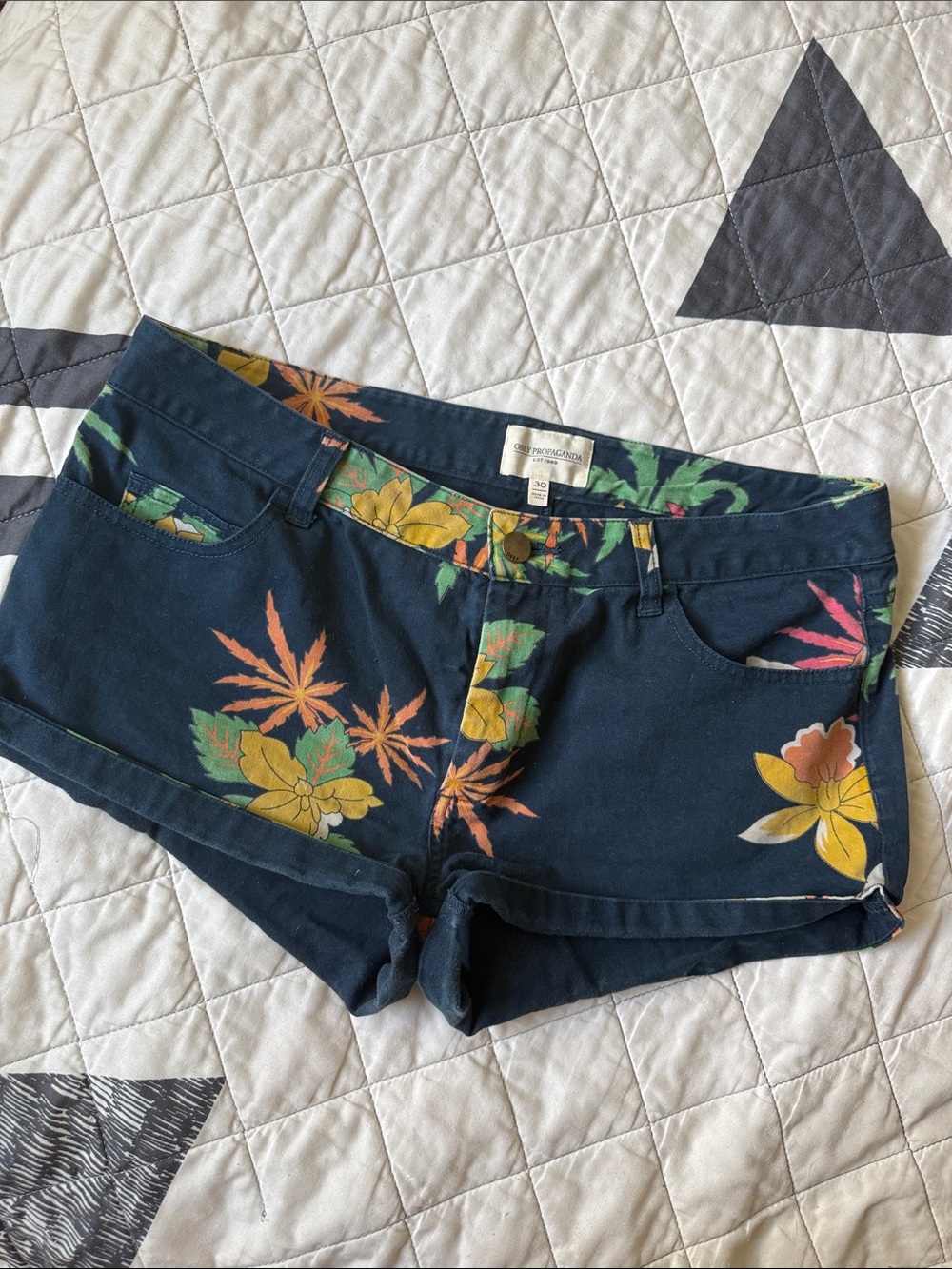 Obey Navy Floral Print Jean Shorts